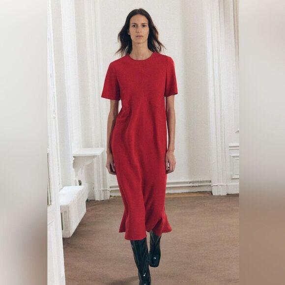 NWT Zara Front Slit Midi Dress in Bold Red, Size‎ Medium - Picture 1 of 12